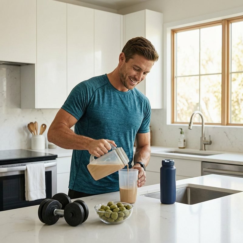 Fit person preparing post-workout protein shake in modern kitchen