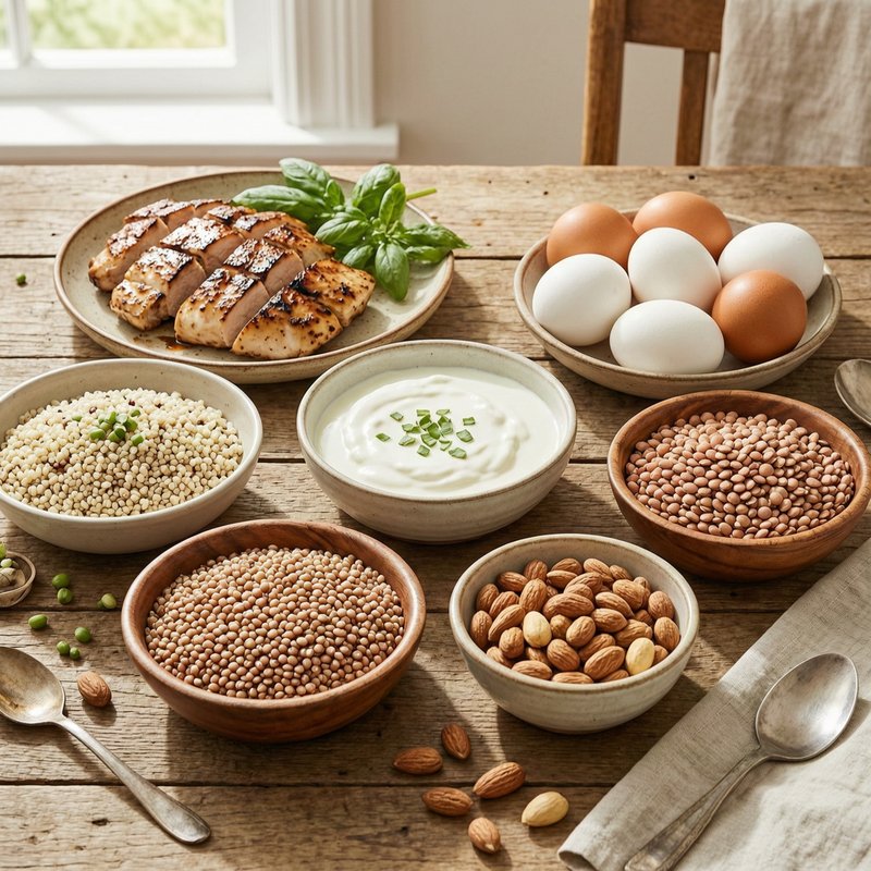 Spread of high-protein whole foods including chicken eggs quinoa and lentils