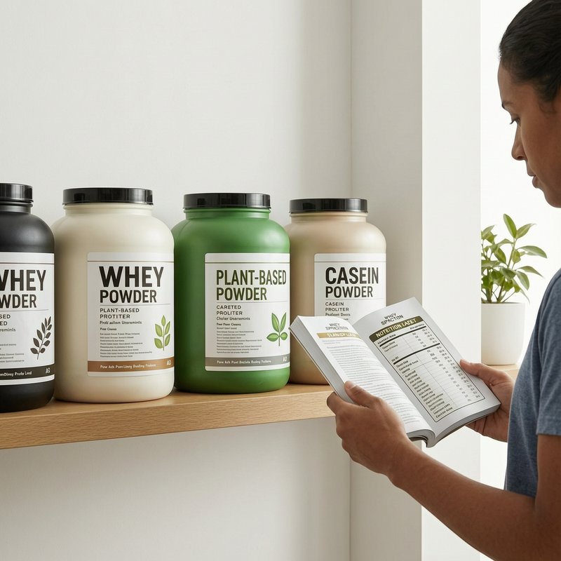 Various protein powder containers on shelf with person reading nutrition label