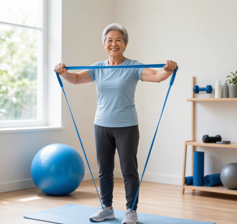 An older adult in their 60s smiling while holding resistance bands in a home gym setting, showing confidence and vitality