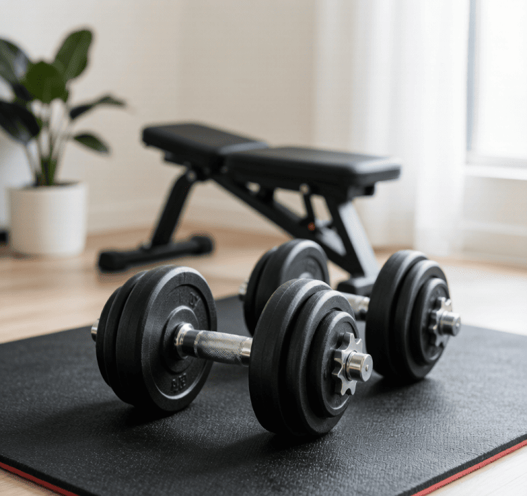 A pair of adjustable dumbbells on a home gym mat, with weight bench in background