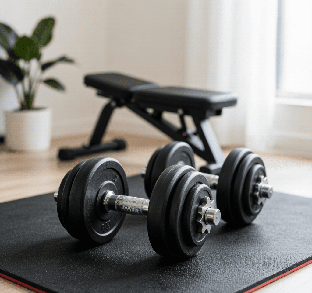 A pair of adjustable dumbbells on a home gym mat, with weight bench in background