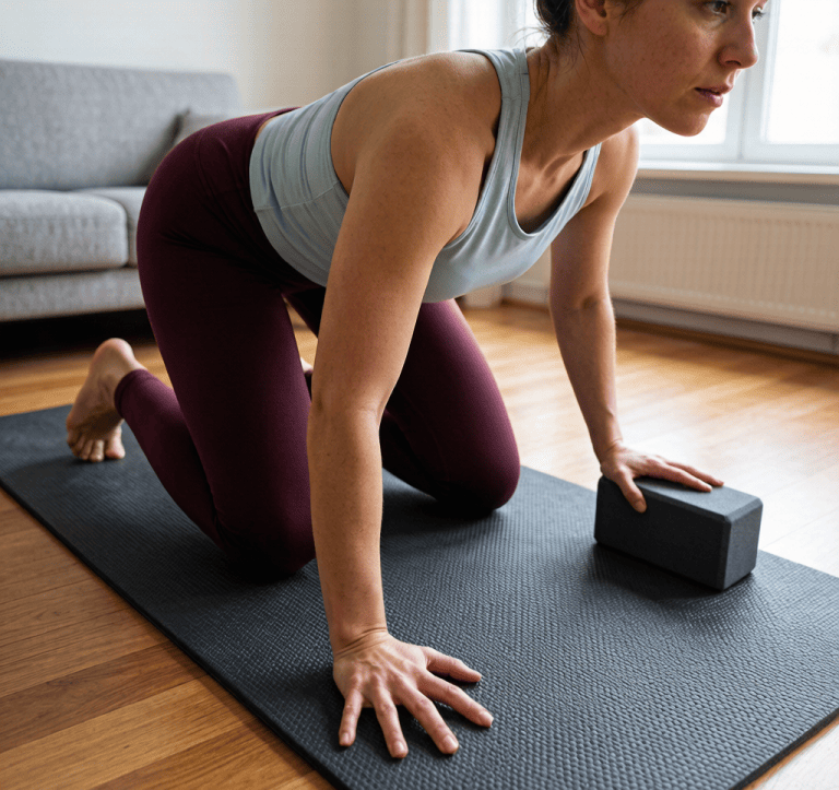 A person in a yoga pose on a thick, non-slip mat on a hardwood floor at home