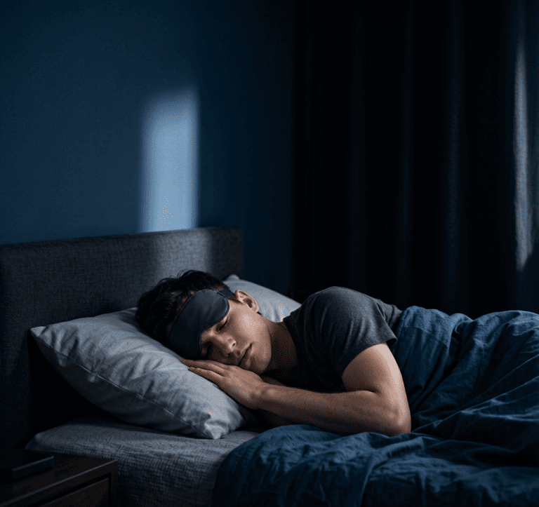 Person sleeping deeply in a dark, cool bedroom with blackout curtains and a sleep mask