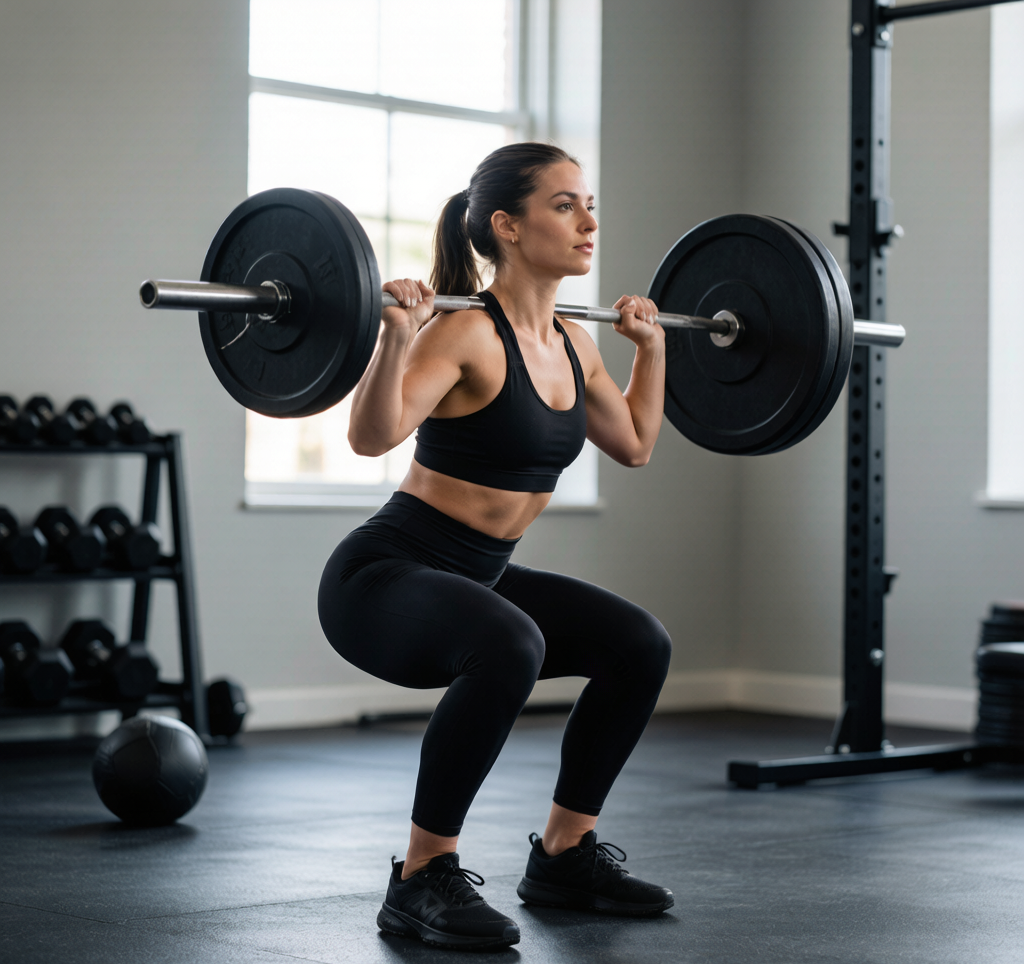 A lifter performing a barbell back squat with proper form, knees tracking over toes, torso upright.