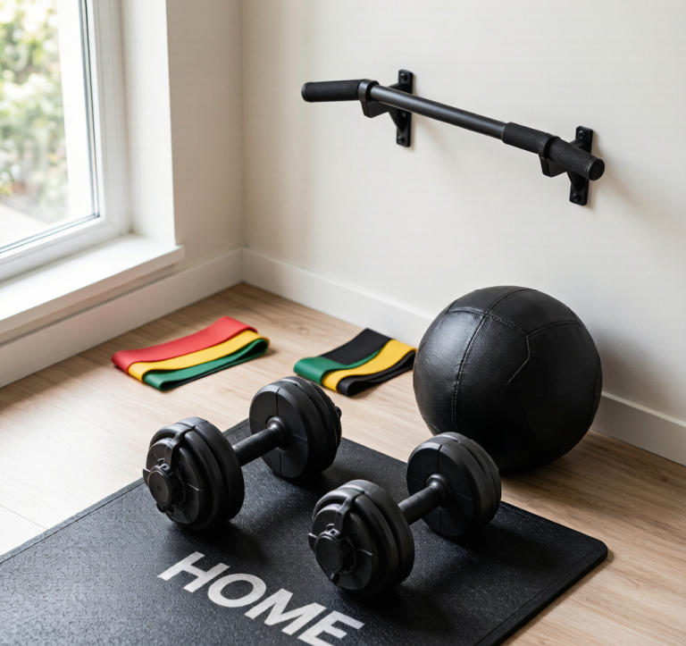 A compact home gym corner with adjustable dumbbells, a bench, resistance bands, a pull-up bar, and a slam ball on a mat