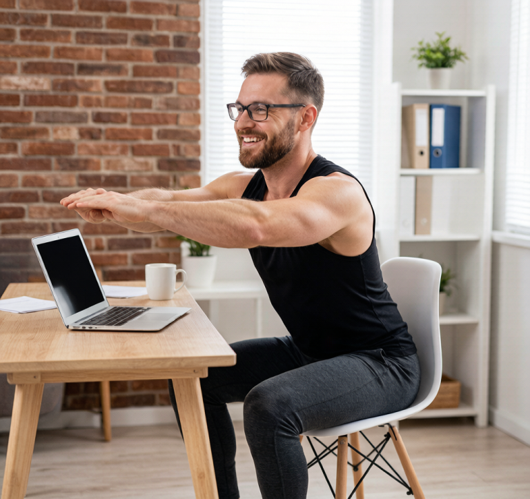 Office worker doing a seated cat-cow stretch at a desk, with a laptop and coffee mug nearby