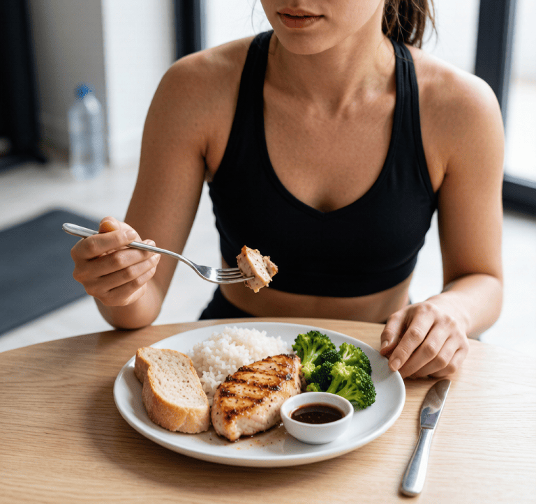 A person eating a post-workout meal of grilled chicken, rice, and vegetables
