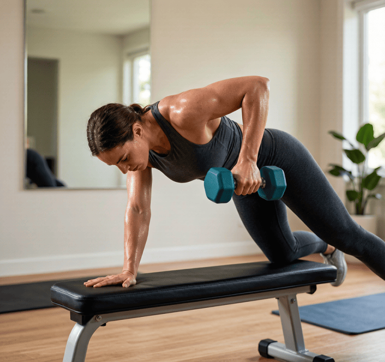 A person performing a single-arm dumbbell row on a flat bench at home, with a neutral spine and dumbbell pulled toward the hip.
