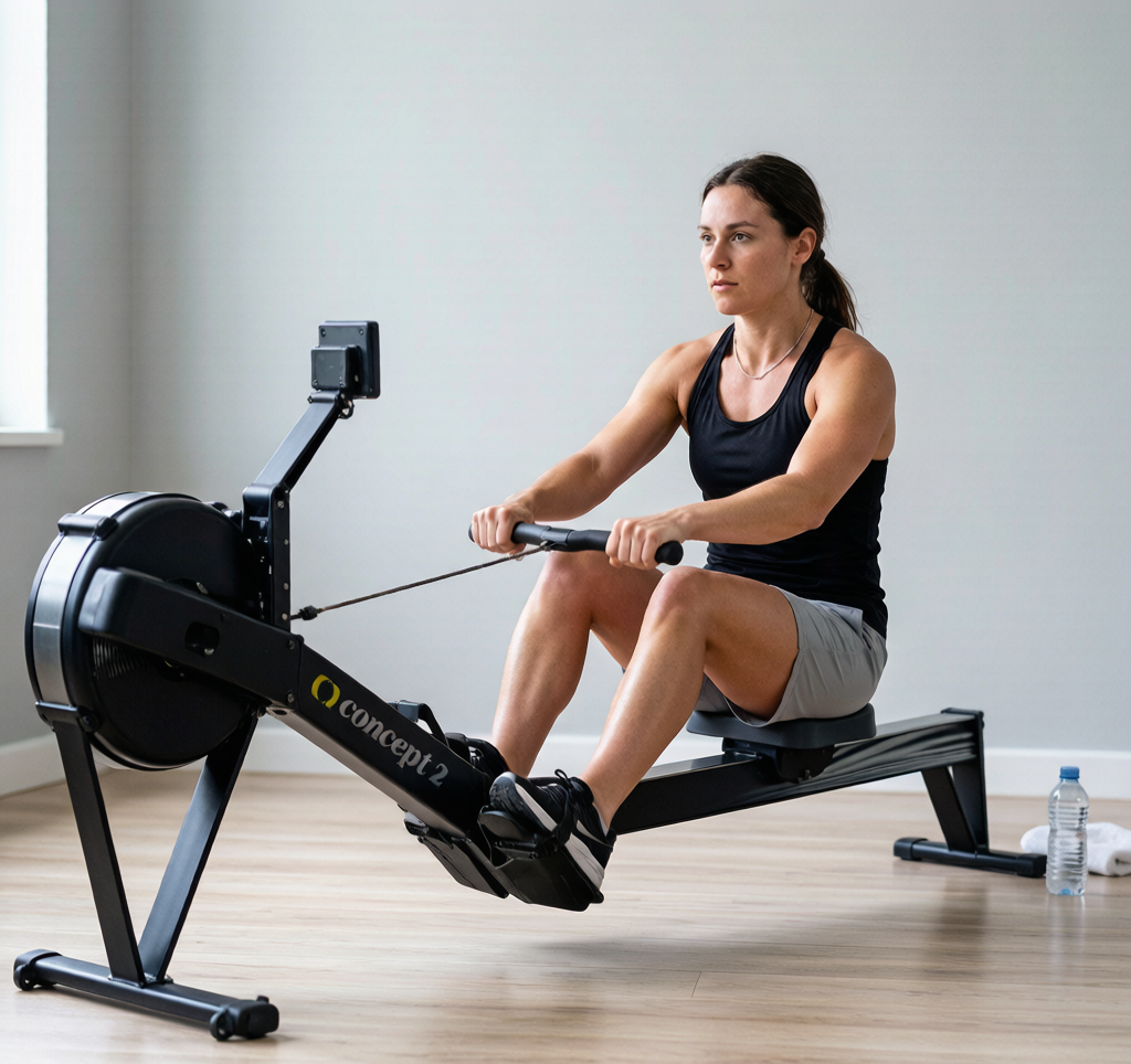 Person rowing on a Concept2 rowing machine with proper form, legs extended and arms pulling handle to chest