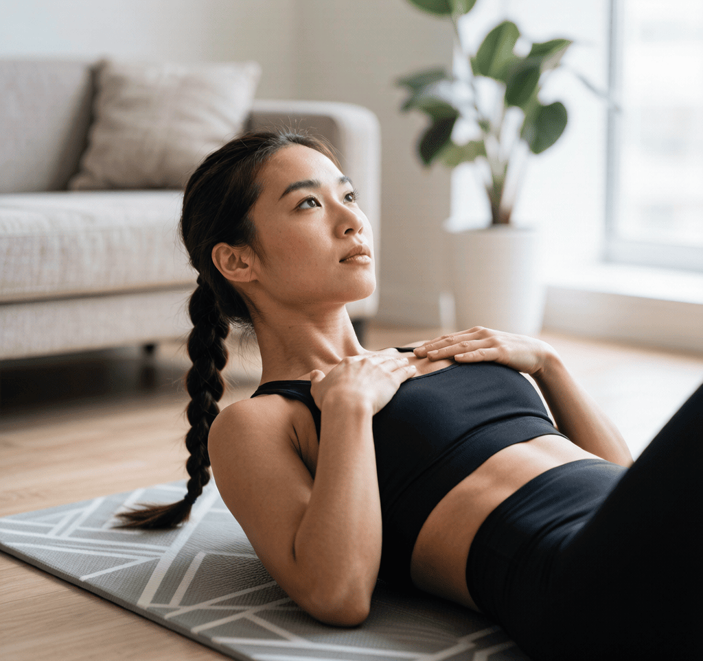 Woman lying on an exercise mat, hands resting on her chest, performing a crunch with neutral neck position and a fist-sized gap between chin and chest.