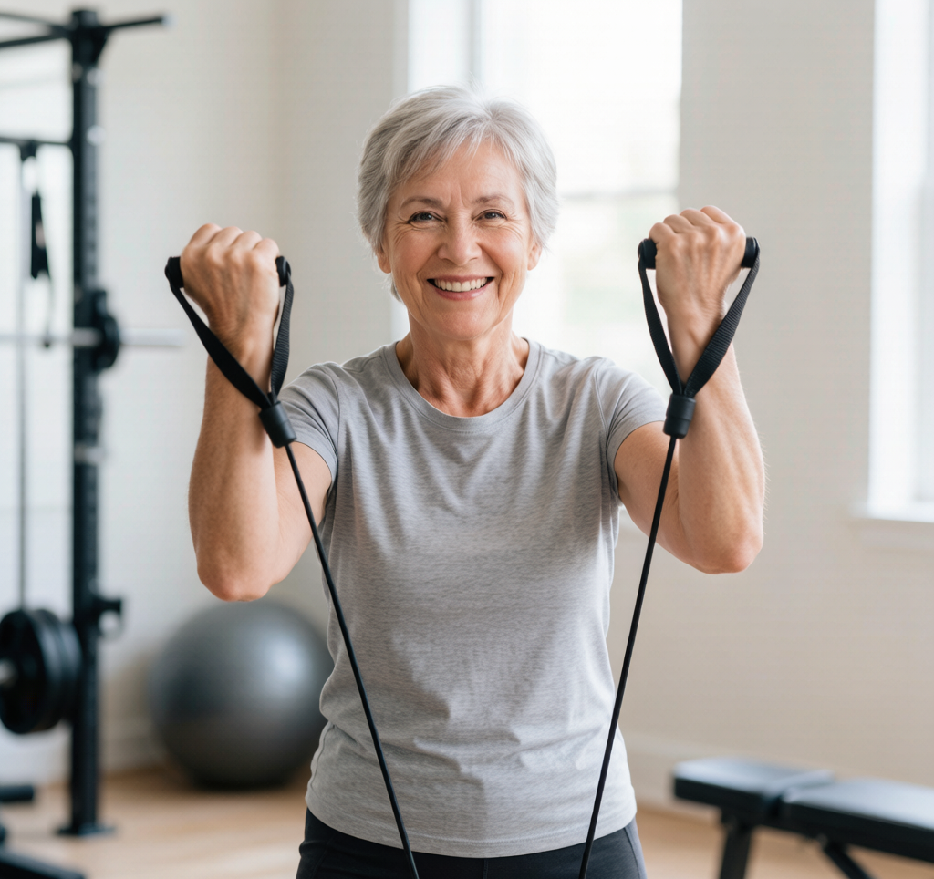 An older adult in their 60s smiling while holding resistance bands in a home gym setting, showing confidence and vitality