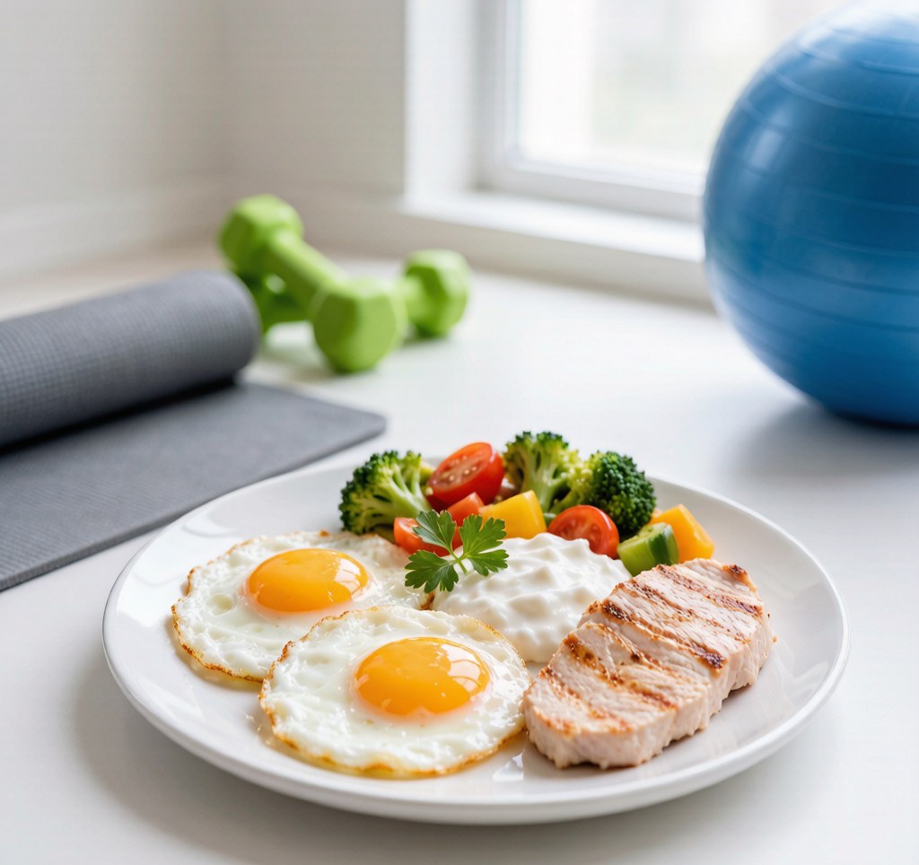 A plate with a balanced meal including eggs, Greek yogurt, chicken, and vegetables for protein-rich nutrition