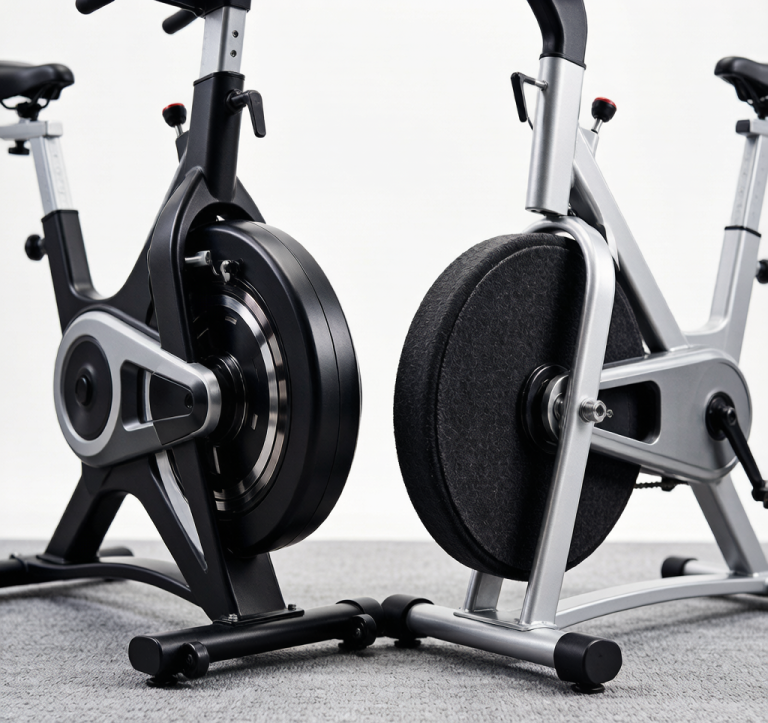 Close-up comparison of magnetic resistance system and felt pad resistance system on exercise bikes, showing the difference in components