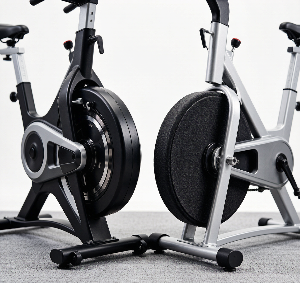 Close-up comparison of magnetic resistance system and felt pad resistance system on exercise bikes, showing the difference in components