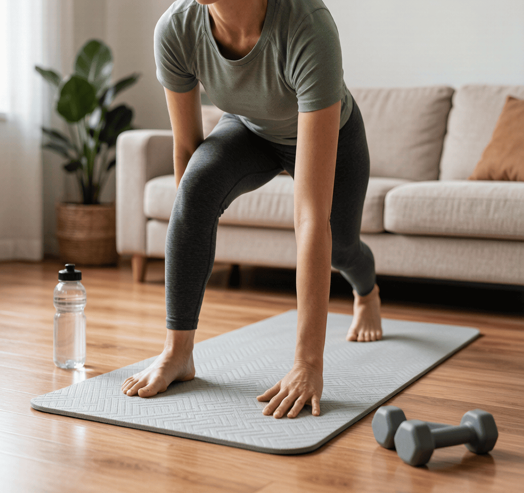 A person in a yoga pose on a thick, non-slip mat on a hardwood floor at home
