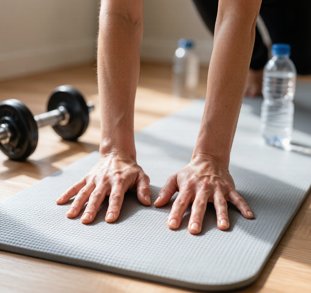 Close-up of hands pressing into a textured yoga mat during Downward Dog