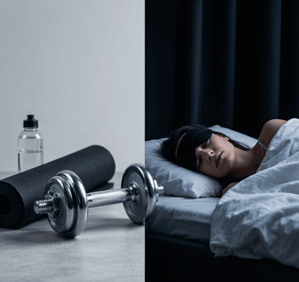 Person sleeping deeply in a dark, cool bedroom with blackout curtains and a sleep mask
