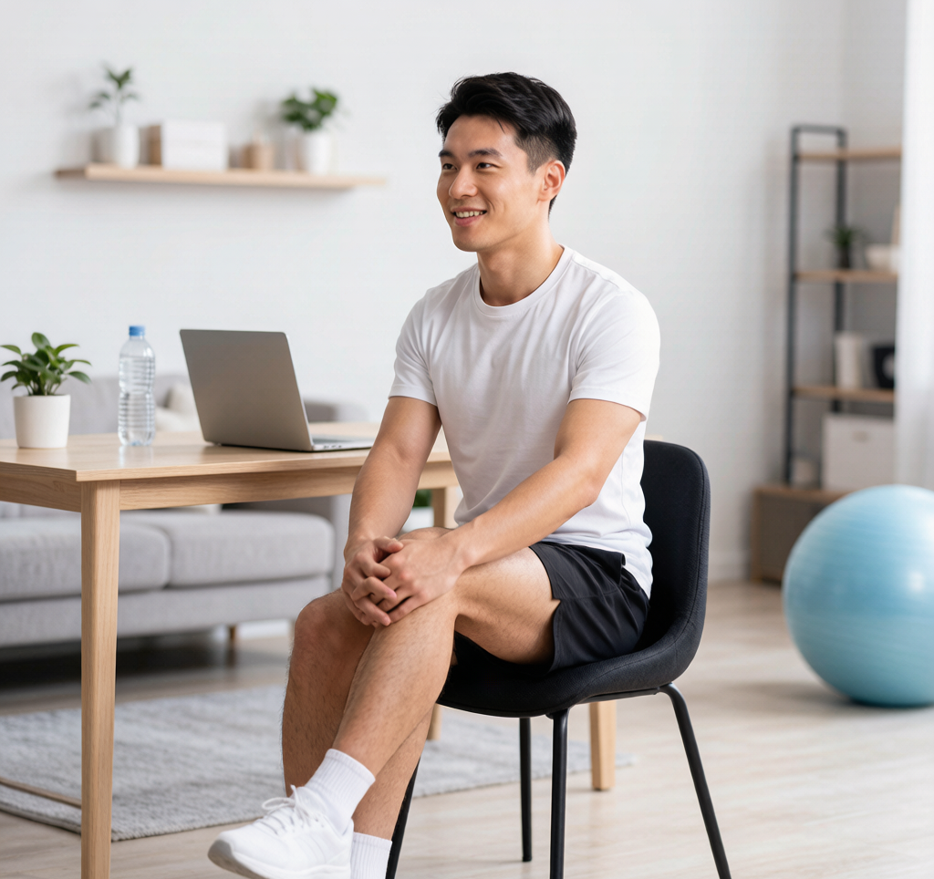 Office worker doing a seated figure-four hip stretch at a desk