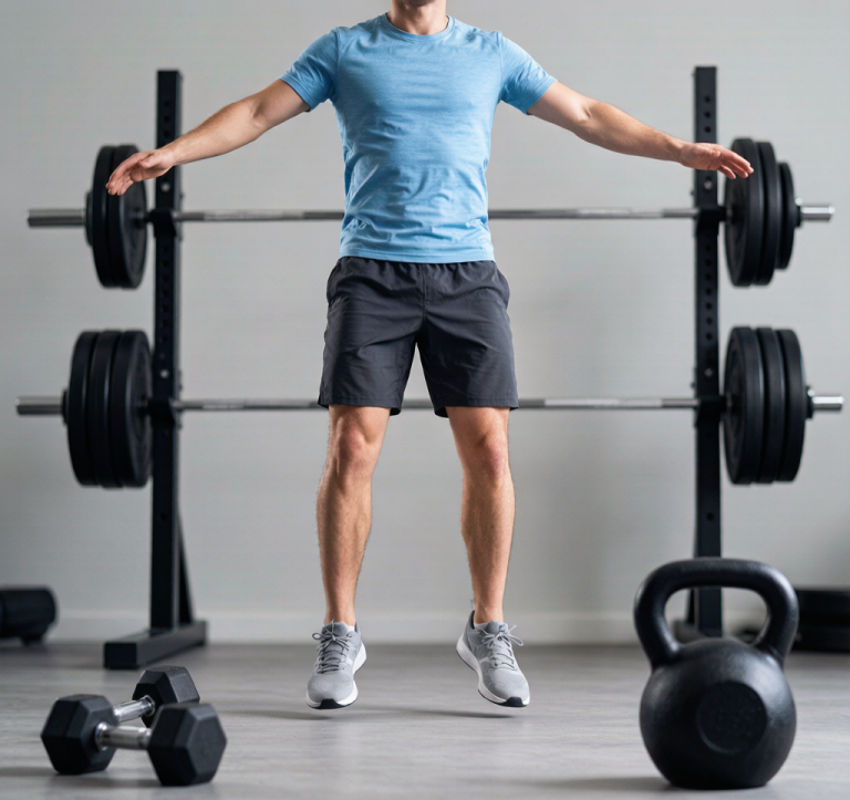 Person doing jumping jacks in a gym, wearing workout clothes, with blurred background of weight racks