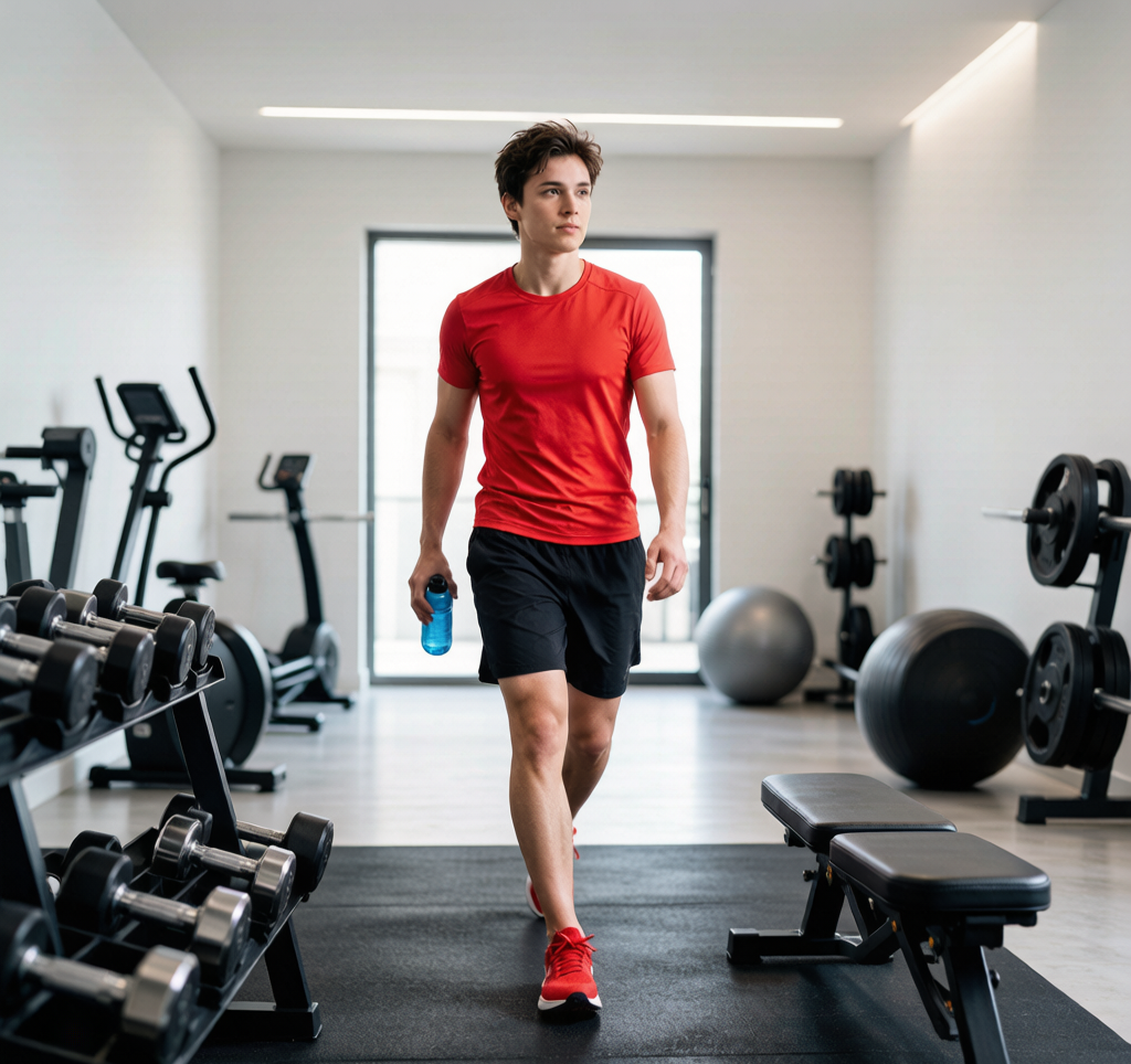 Person walking into a bright, modern gym with determination and a water bottle in hand
