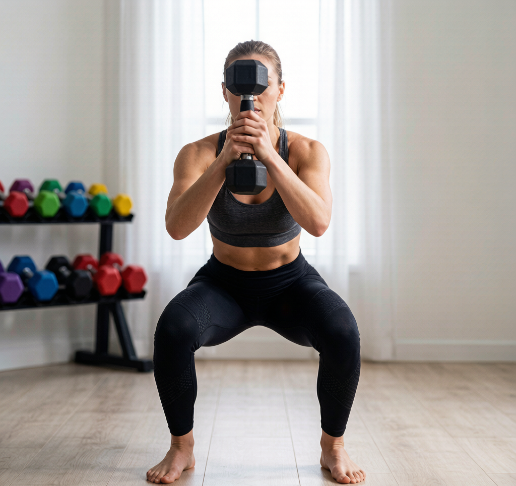 Person performing a goblet squat with a dumbbell held at chest height