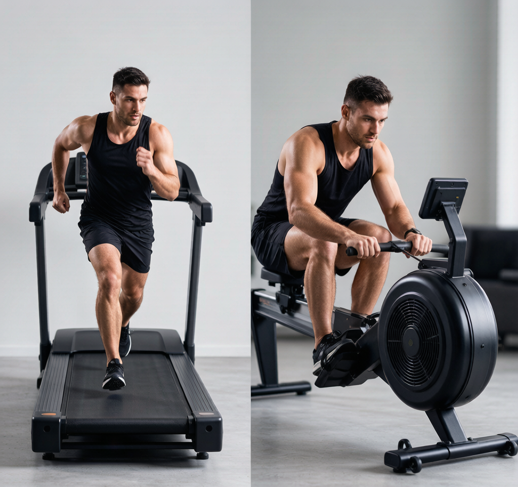 Side-by-side comparison of a person running on a treadmill and a person rowing, highlighting impact differences