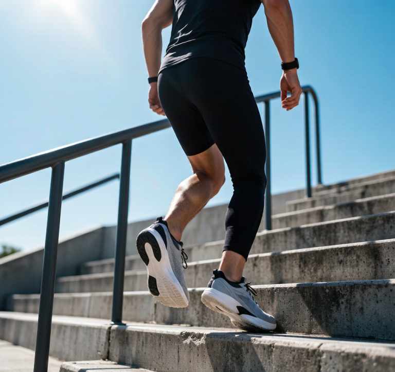 Person climbing outdoor stadium stairs, showing leg muscle engagement and dynamic movement