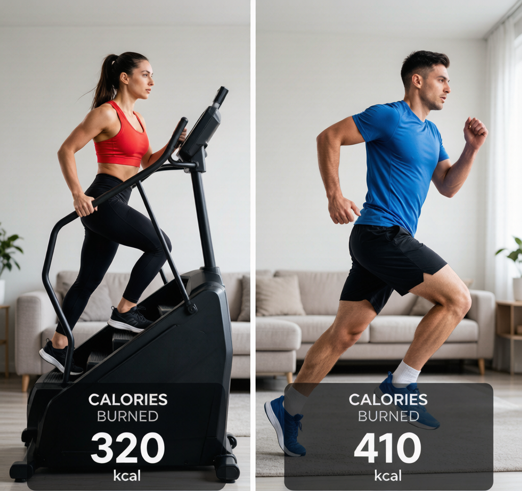 Side-by-side comparison of a person on a stair machine and a person running, with calorie count overlay
