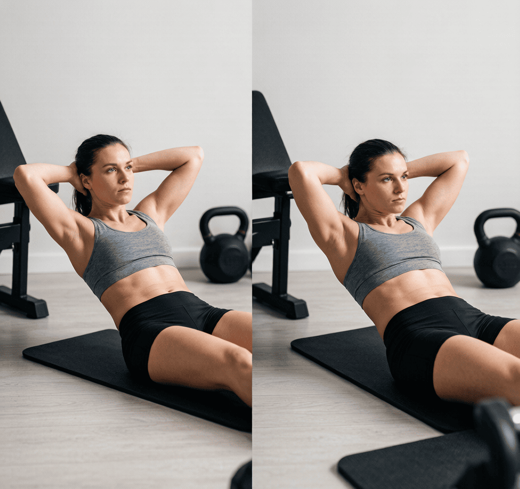 Side-by-side comparison of full sit-up with neck craning versus dead bug with head relaxed
