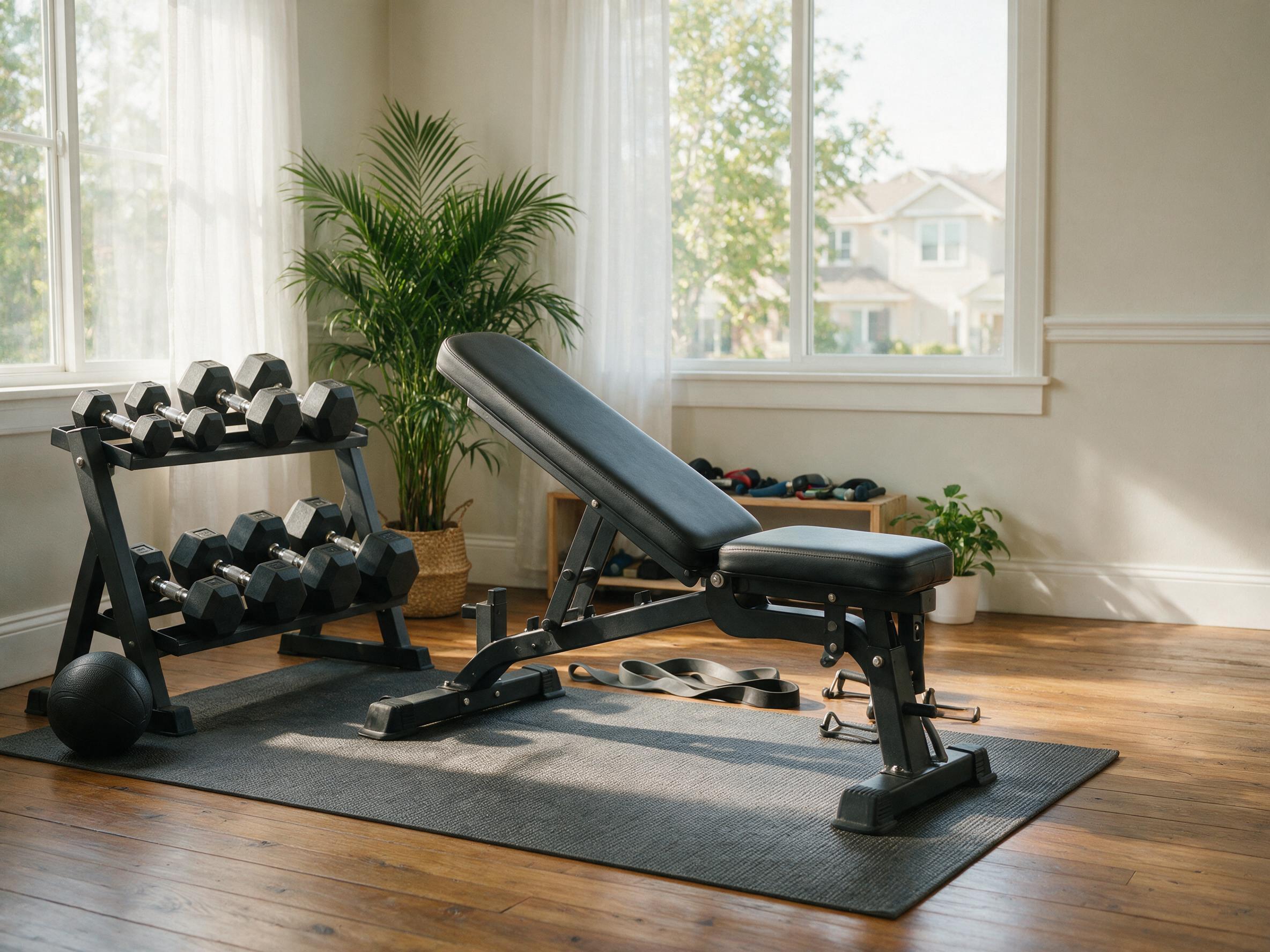 Home gym weight bench with dumbbells for chest workout