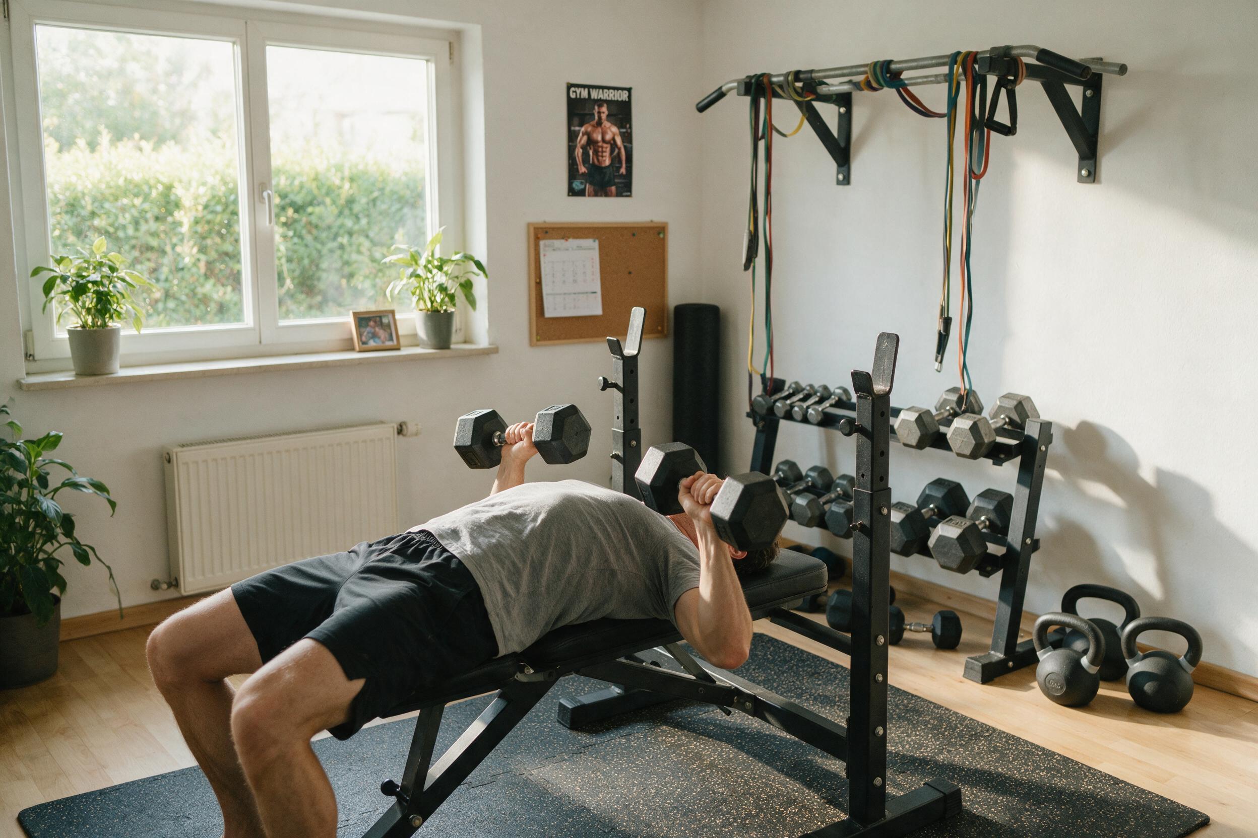 Person doing dumbbell bench press on weight bench in home gym
