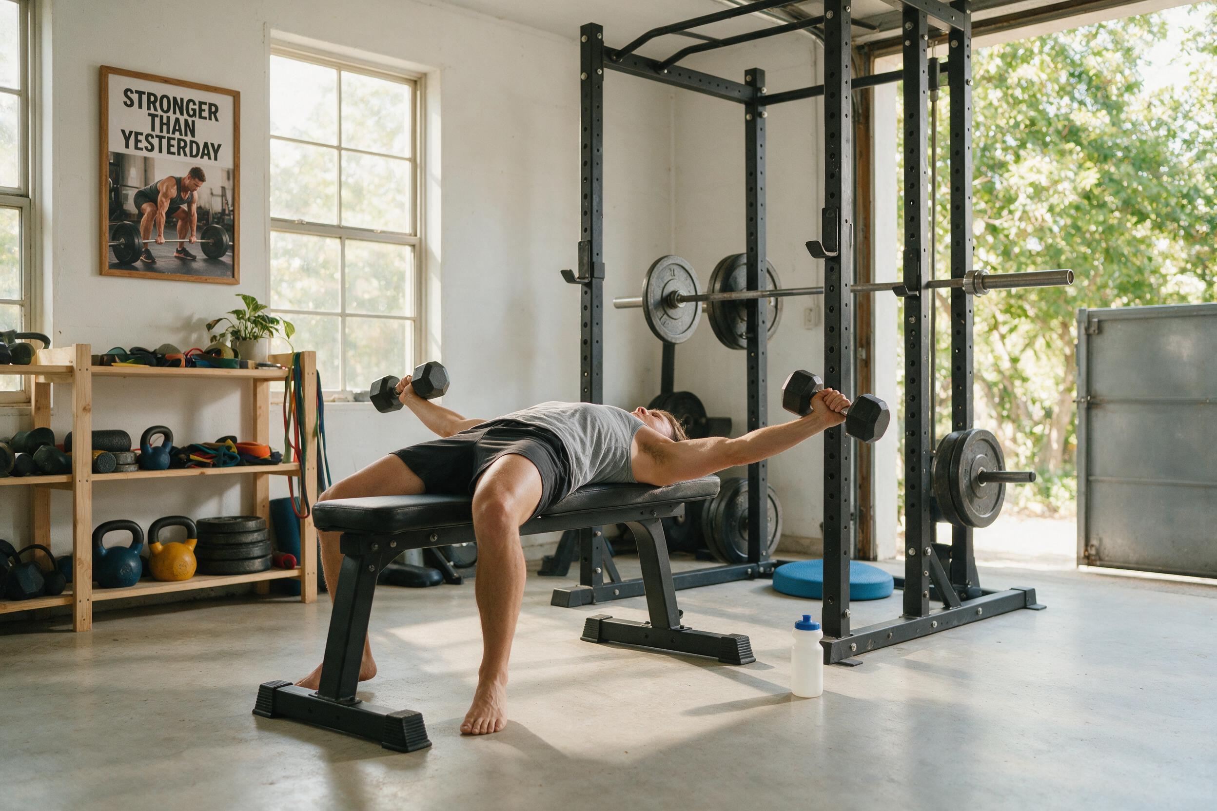 Person doing dumbbell fly exercise on weight bench for chest workout