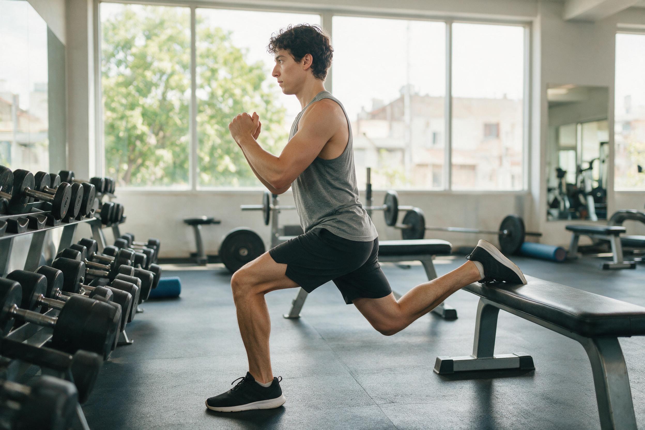 Person doing Bulgarian split squat on bench in gym