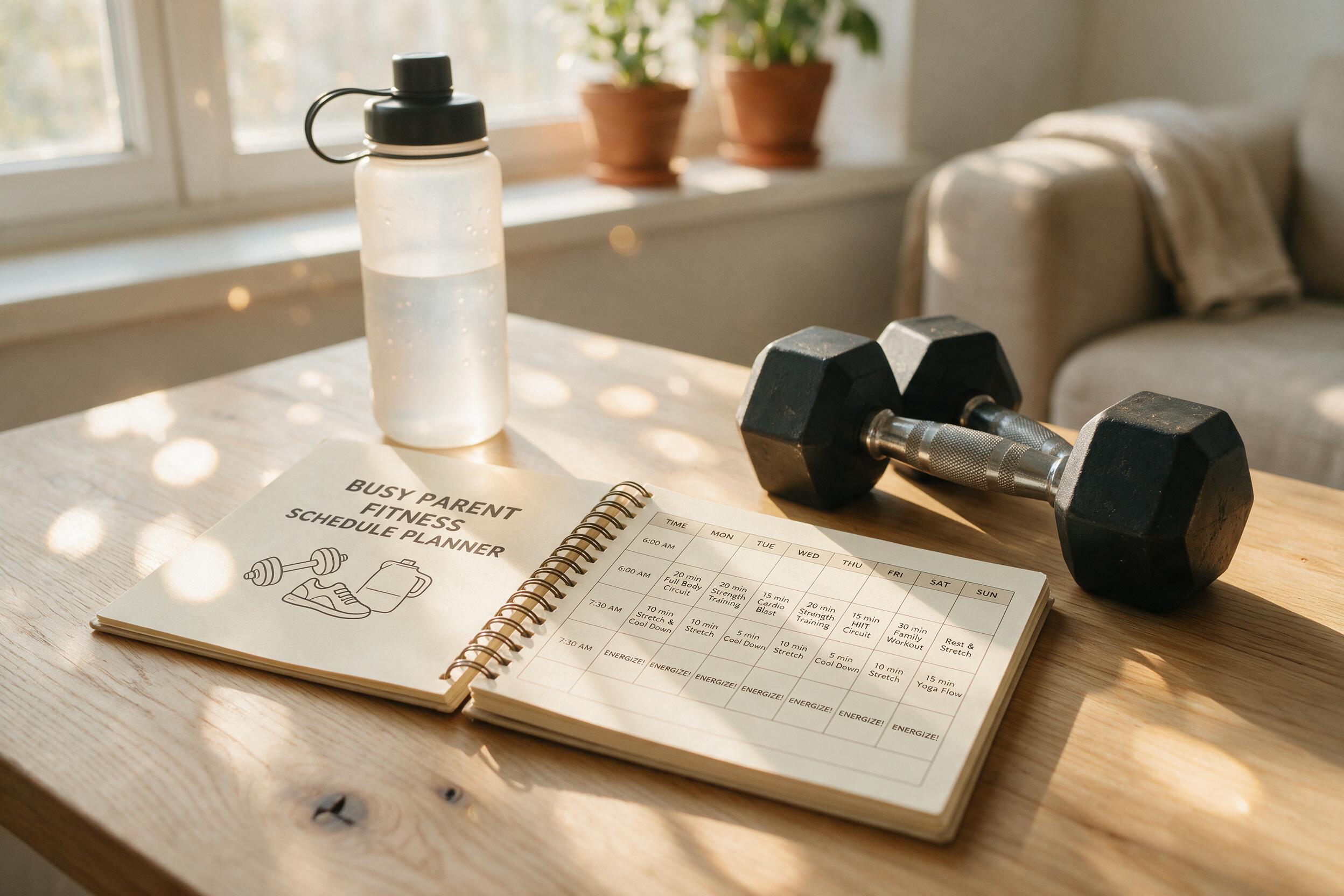 Fitness schedule planner with dumbbells for busy parent weekly workout