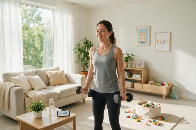 Busy parent doing quick home workout with dumbbells