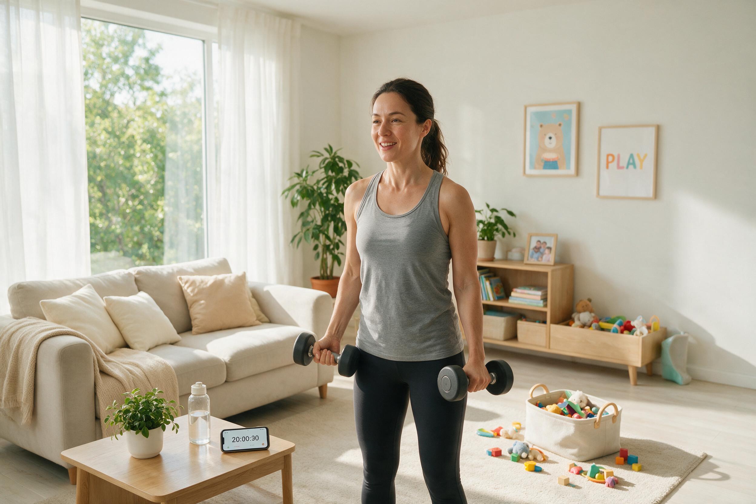 Busy parent doing quick home workout with dumbbells