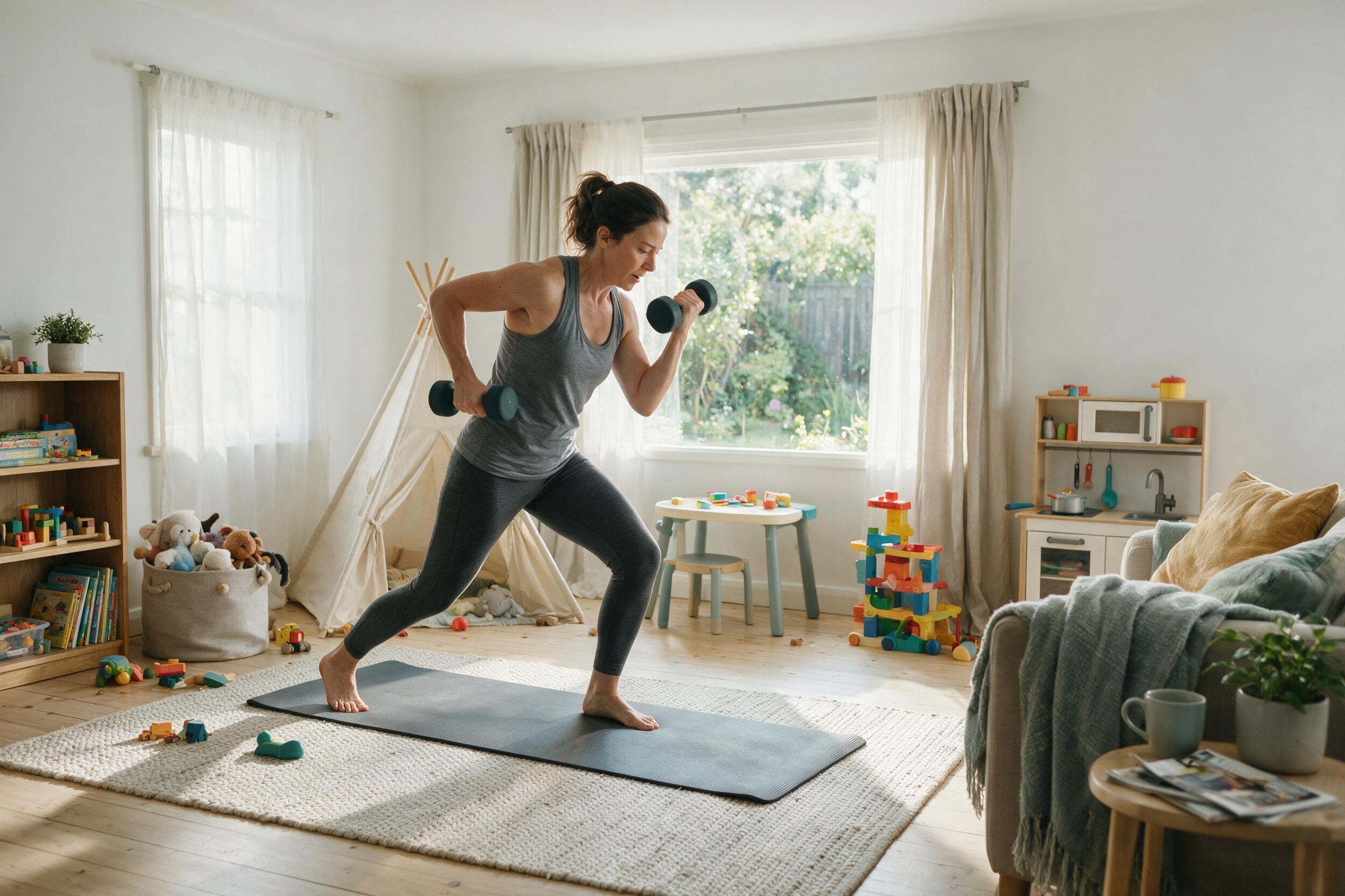 Busy parent doing quick home workout with dumbbells in living room