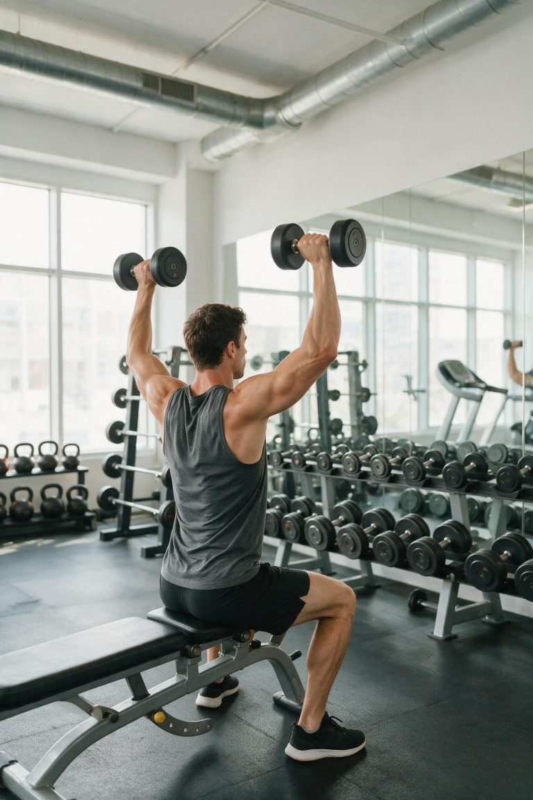 Person doing dumbbell shoulder press in gym