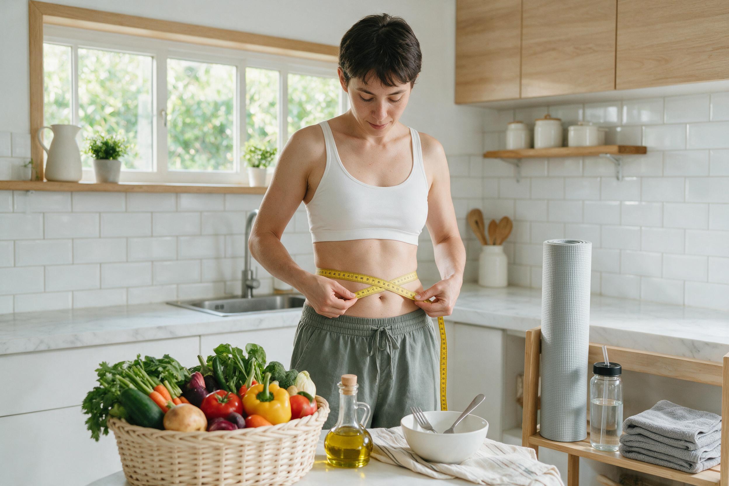 Person measuring waist with tape measure for weight loss