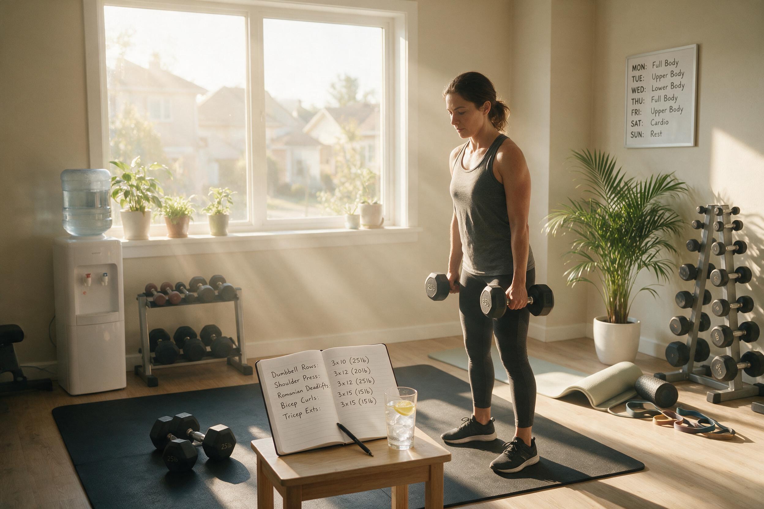 Person with workout plan and dumbbells at home gym