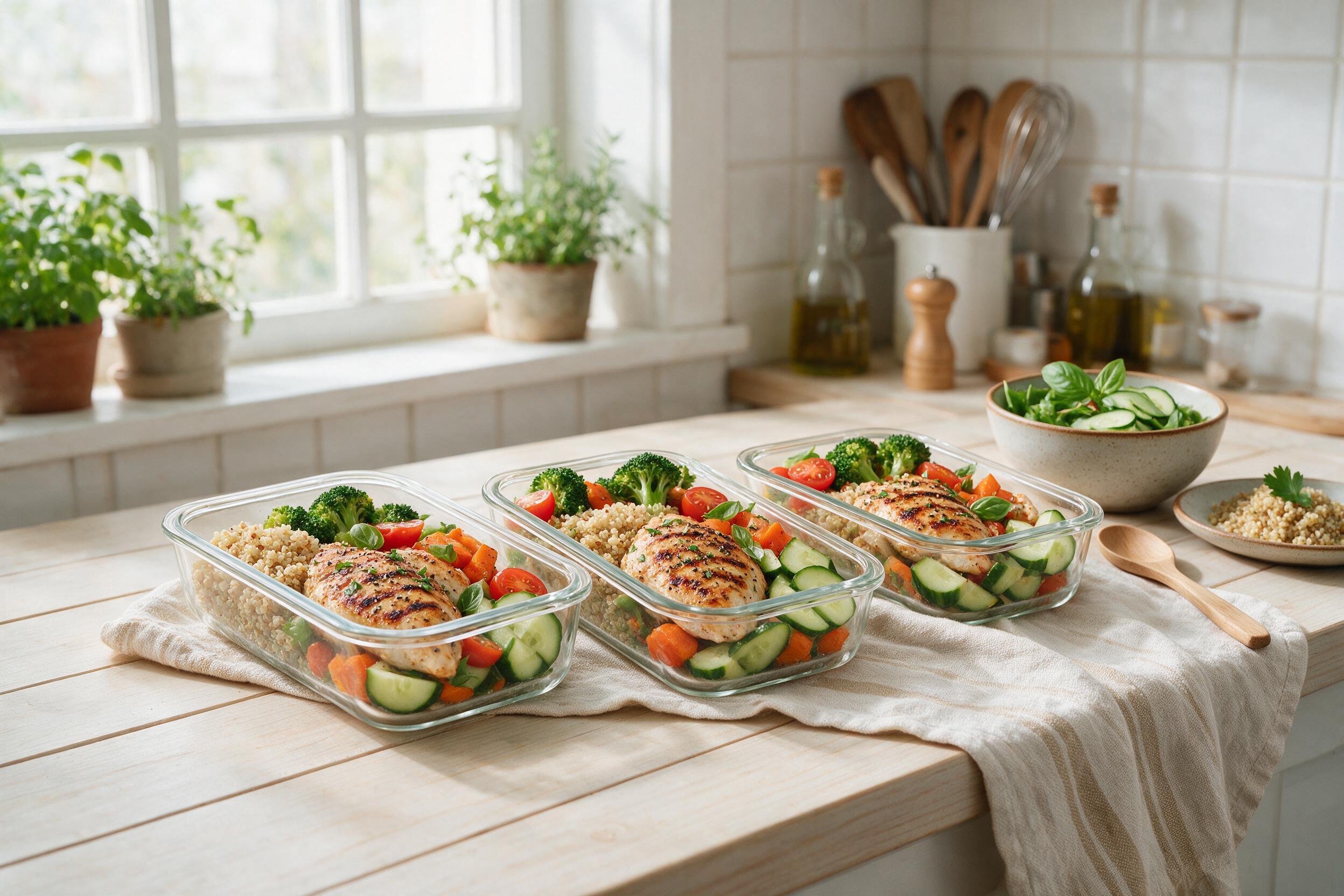 Meal prep containers with healthy food vegetables chicken