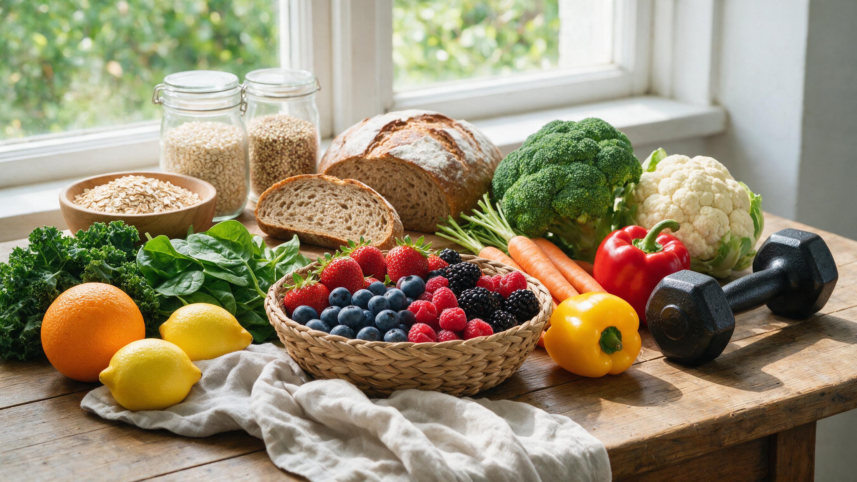 Healthy fresh vegetables fruits whole grains with dumbbell for metabolism concept