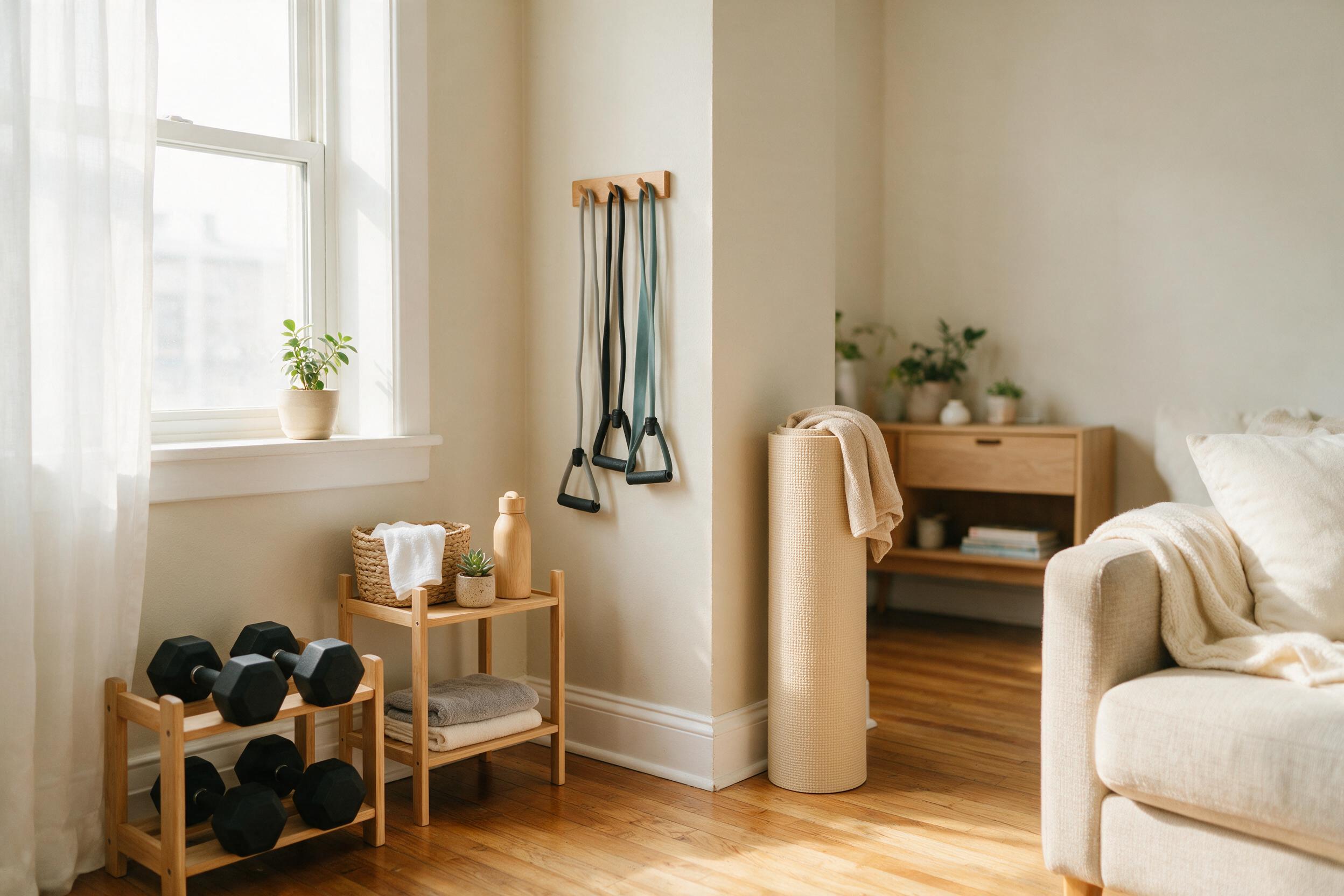 Minimal home gym with dumbbells resistance bands yoga mat