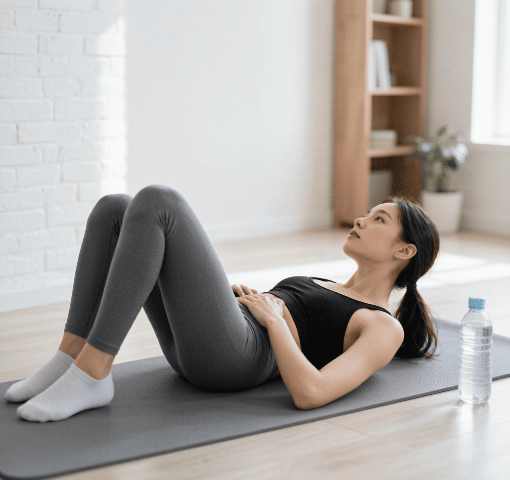 Woman lying on an exercise mat, hands resting on her chest, performing a crunch with neutral neck position
