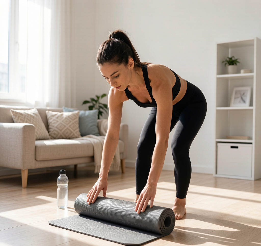 Woman unrolling yoga mat on wooden floor for home workout