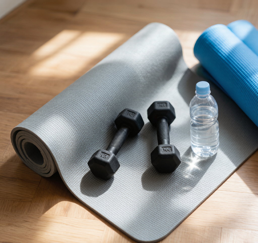 Thick yoga mat on floor with dumbbells - joint protection for home exercise