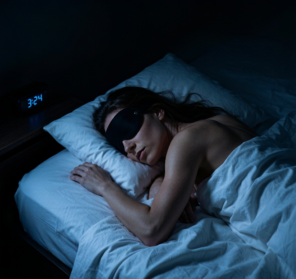 Woman sleeping peacefully with sleep mask - muscle recovery during sleep