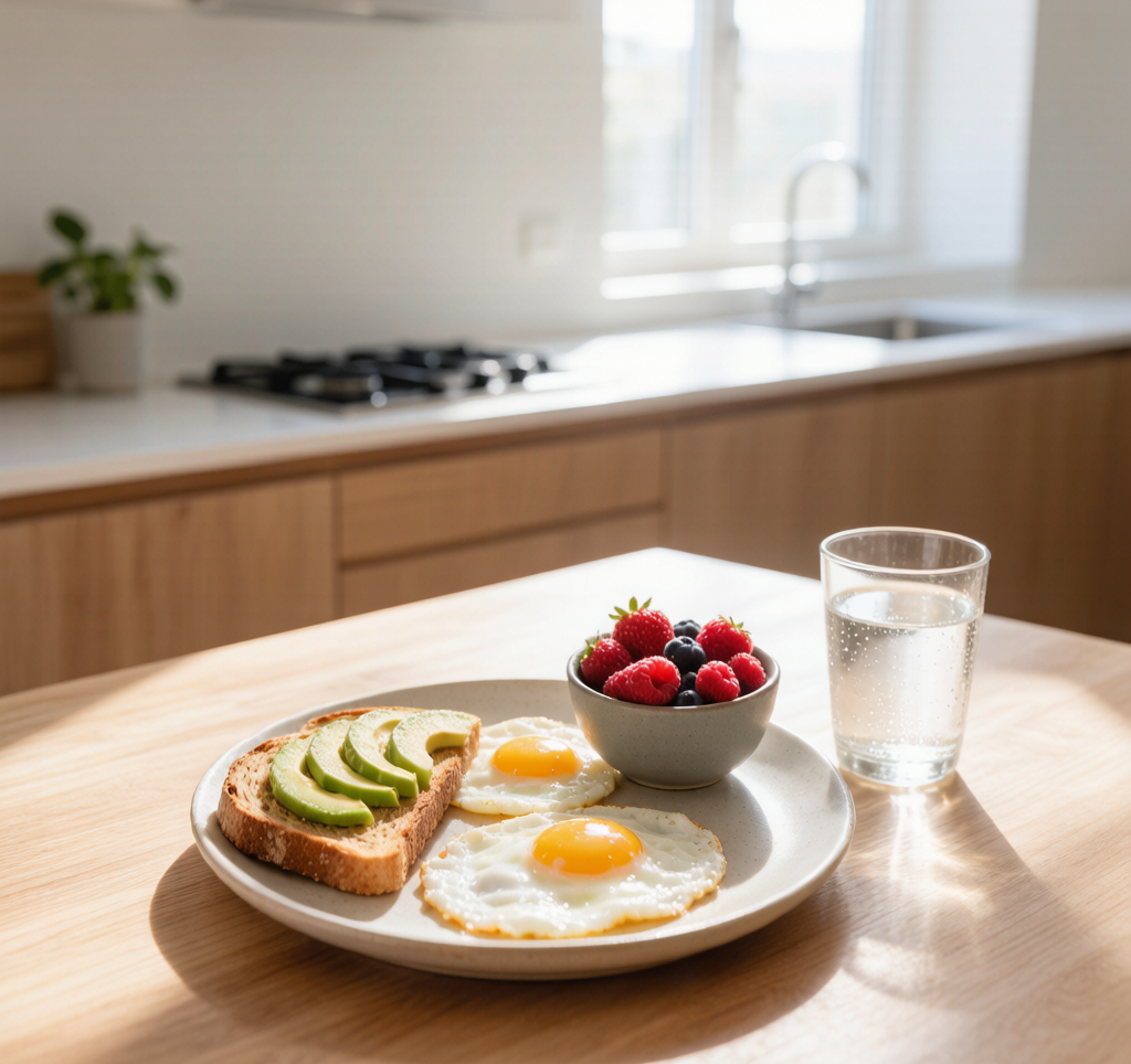 Healthy breakfast with eggs avocado and berries for fat loss and nutrition