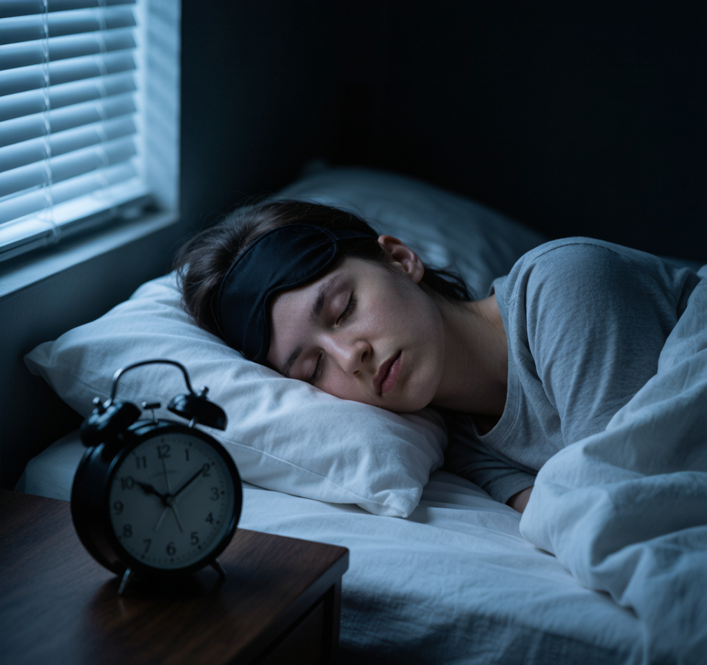 Person sleeping with sleep mask alarm clock restful